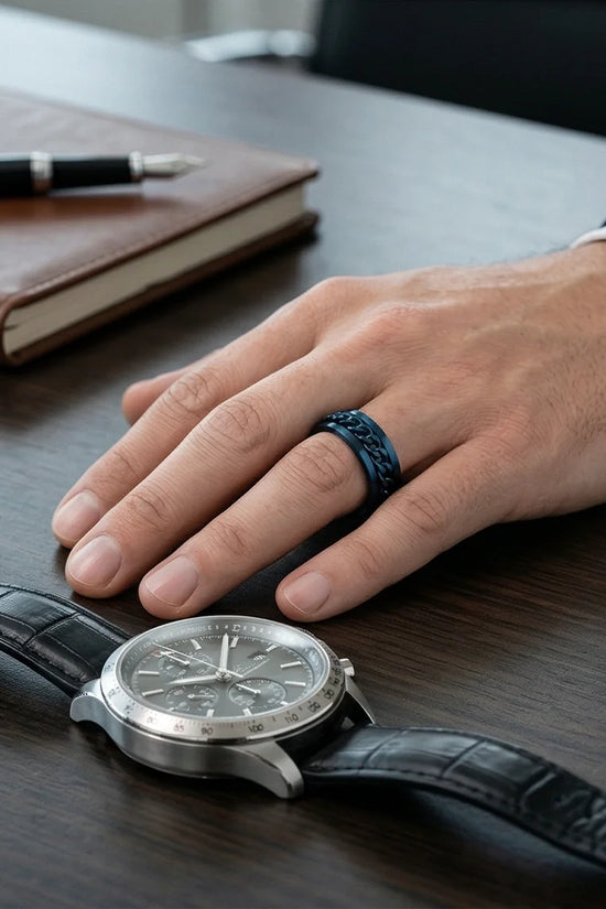 The Cobalt Kinetic: Electric Blue Chain Spinner Ring