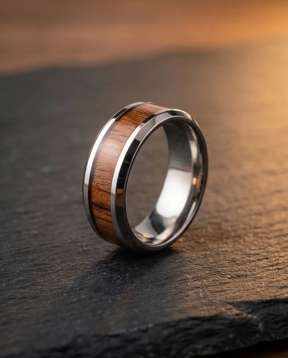 Urban Oak: Handcrafted Wood Inlay Comfort Ring