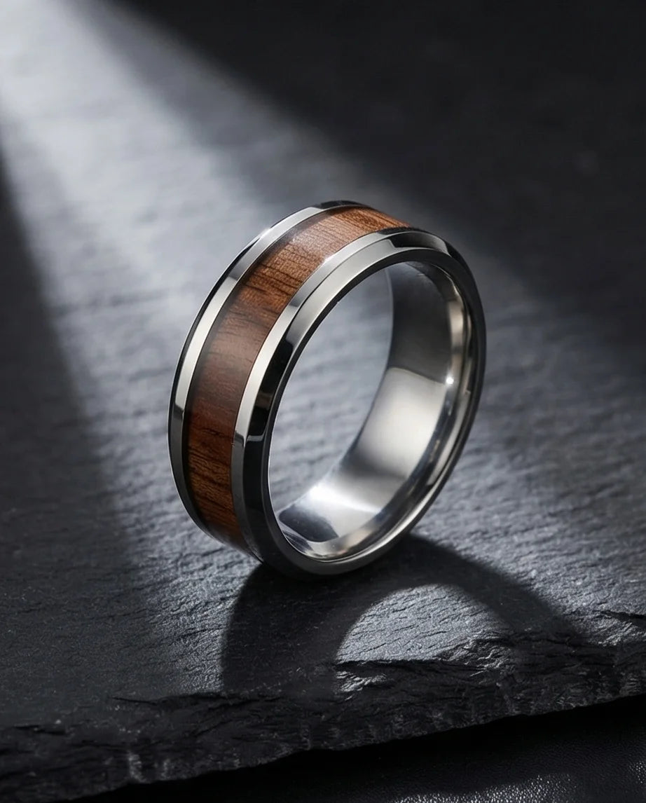 Urban Oak: Handcrafted Wood Inlay Comfort Ring