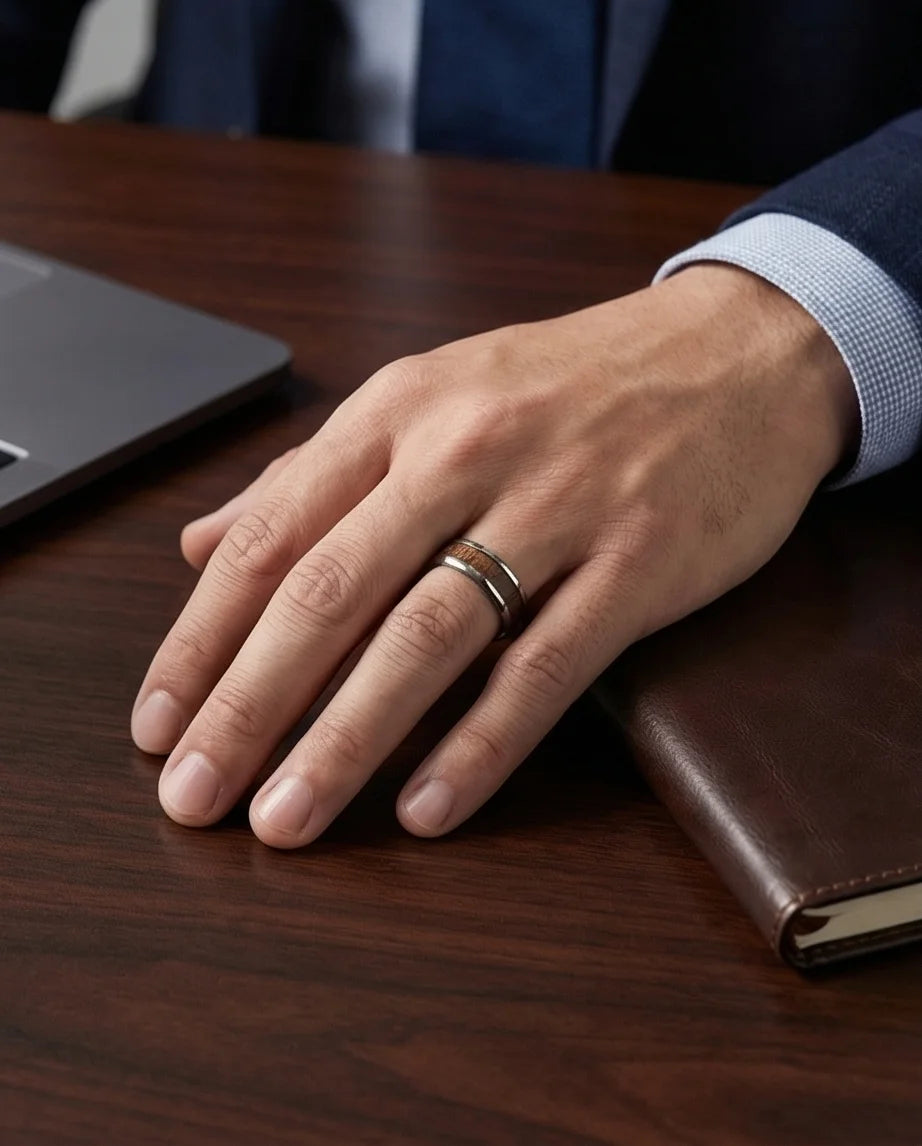 Urban Oak: Handcrafted Wood Inlay Comfort Ring