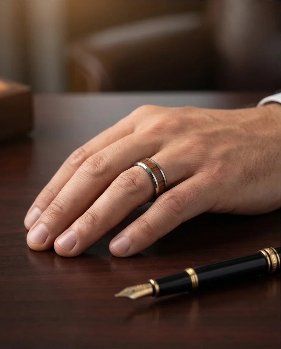 Urban Oak: Handcrafted Wood Inlay Comfort Ring