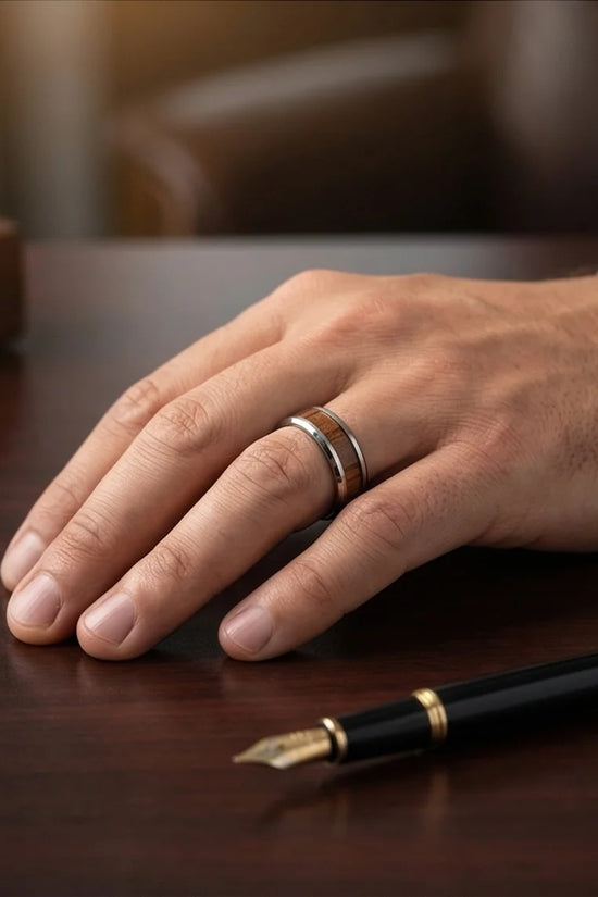 Urban Oak: Handcrafted Wood Inlay Comfort Ring