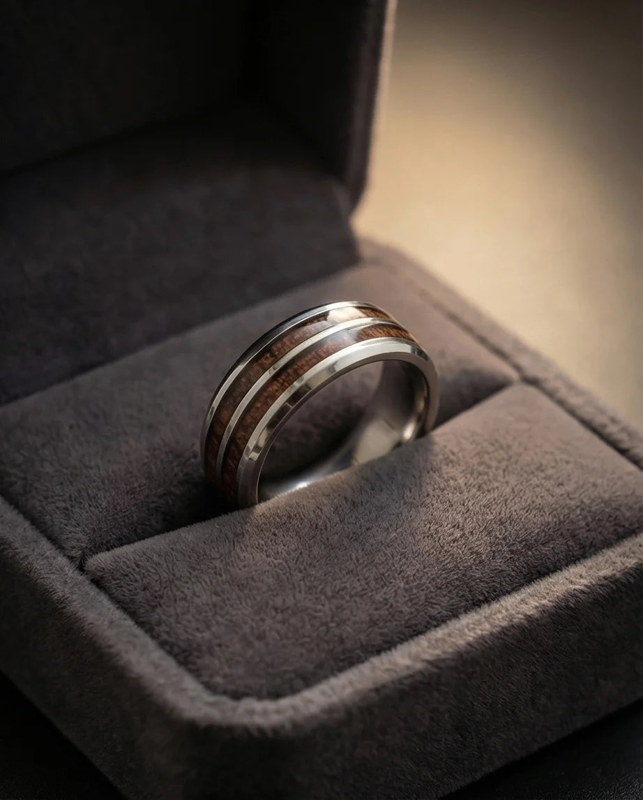 The Timber Path: Koa Wood & Silver Polished Band