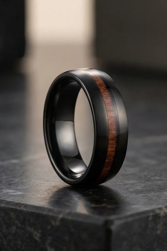 Urban Timber: Brushed Obsidian Wood-Inlay Ring