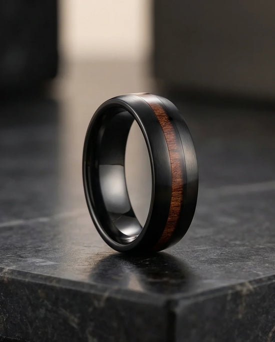 Urban Timber: Brushed Obsidian Wood-Inlay Ring