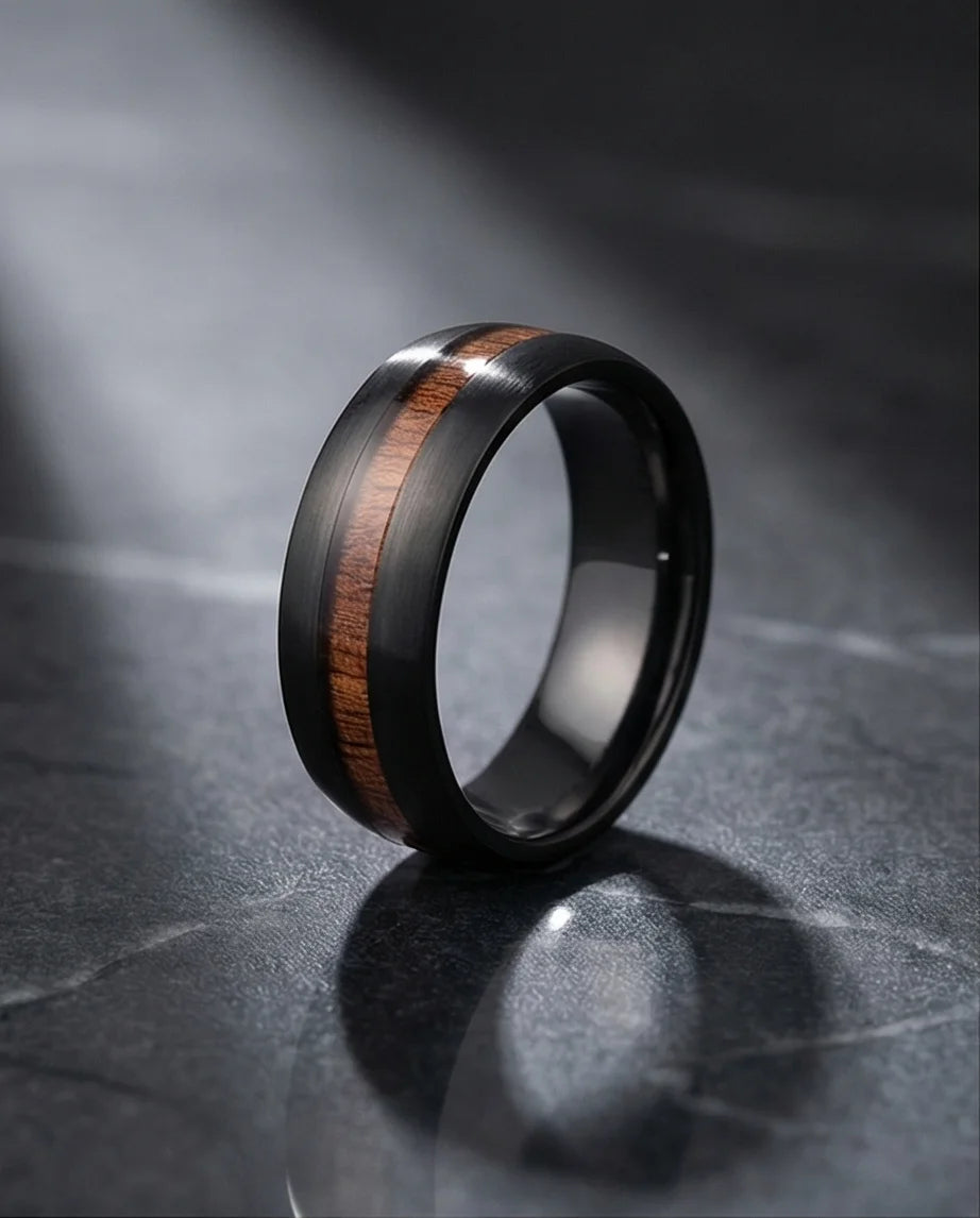 Urban Timber: Brushed Obsidian Wood-Inlay Ring