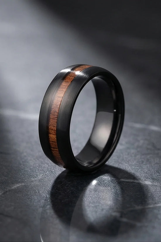 Urban Timber: Brushed Obsidian Wood-Inlay Ring