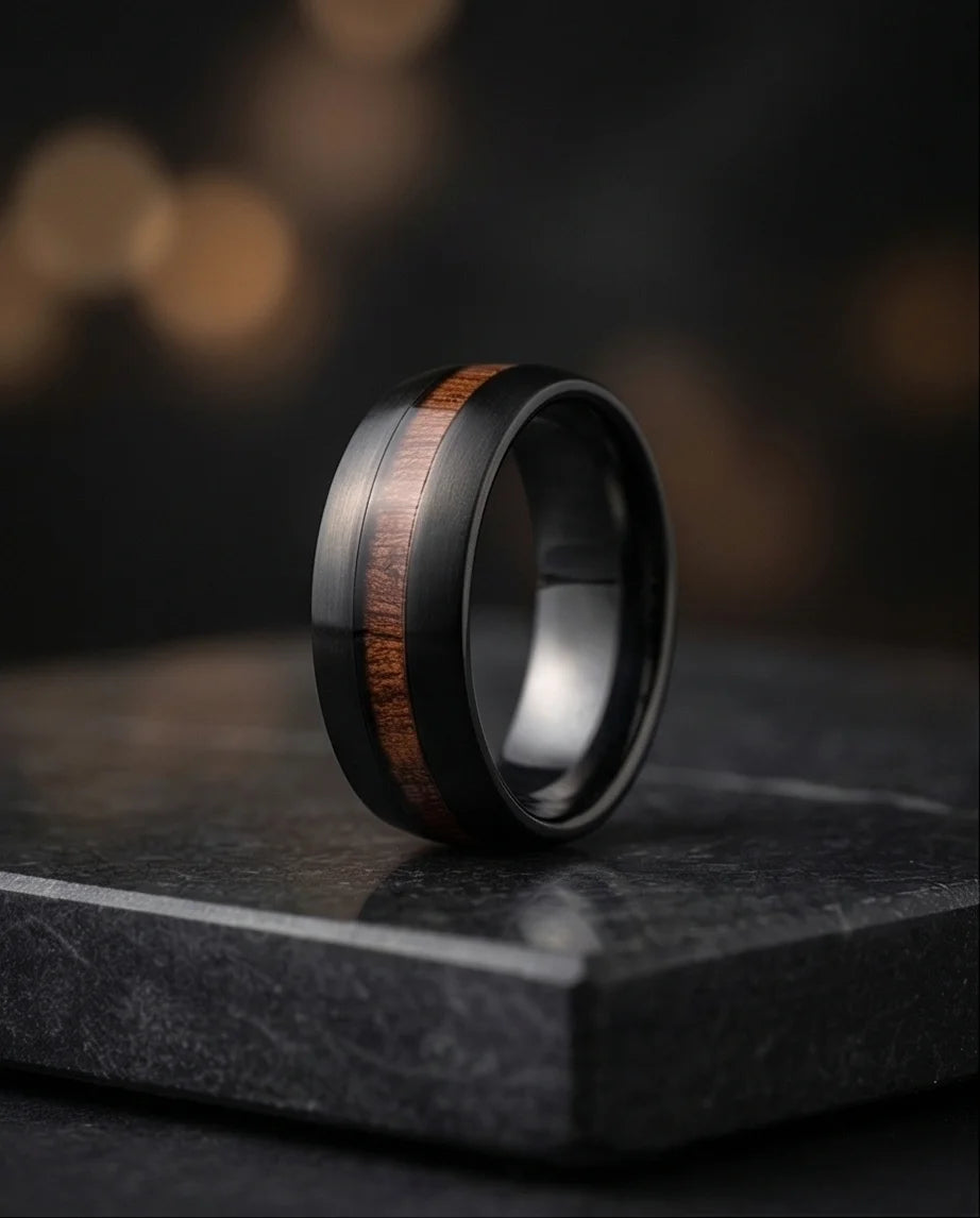 Urban Timber: Brushed Obsidian Wood-Inlay Ring