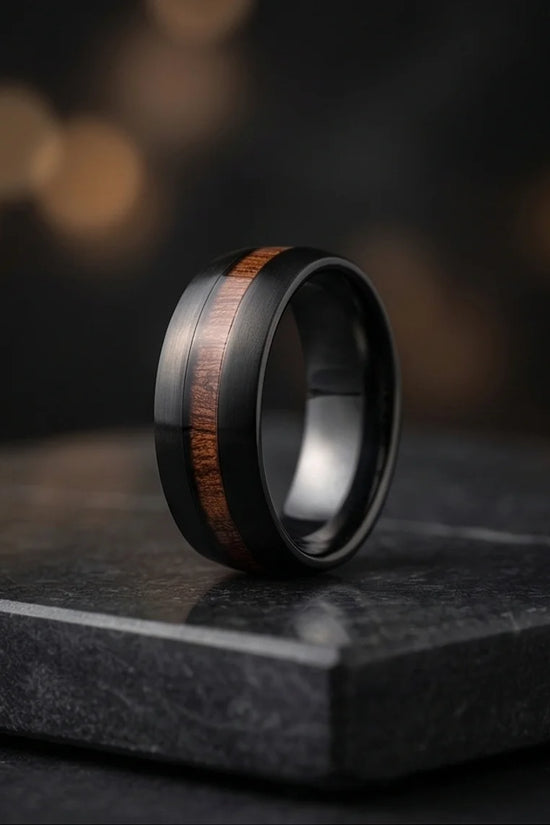 Urban Timber: Brushed Obsidian Wood-Inlay Ring