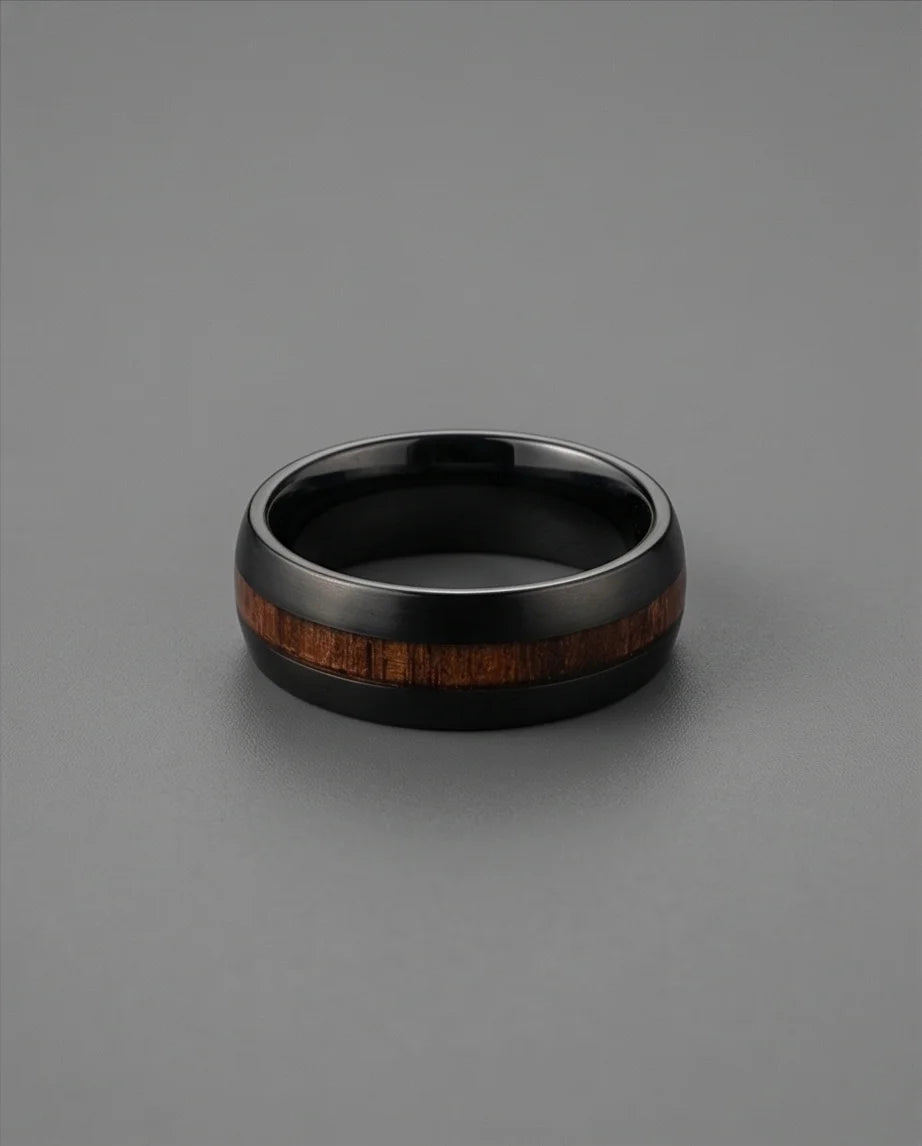 Urban Timber: Brushed Obsidian Wood-Inlay Ring