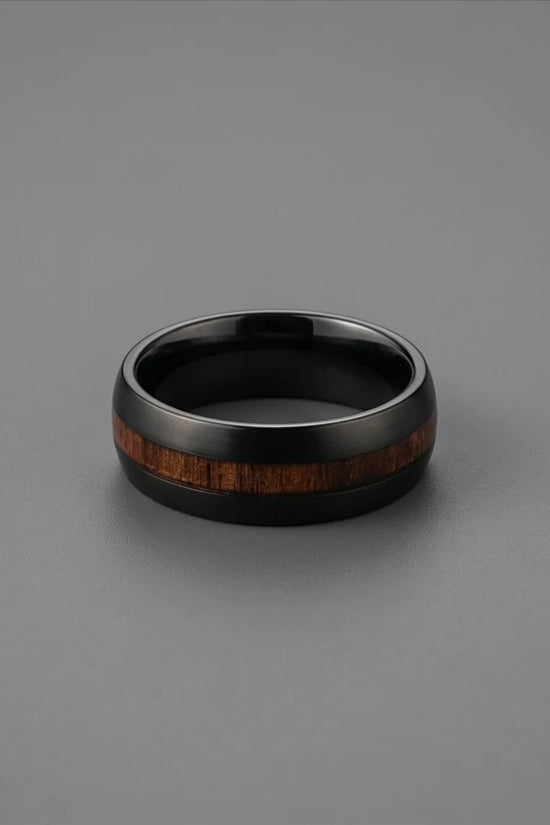 Urban Timber: Brushed Obsidian Wood-Inlay Ring