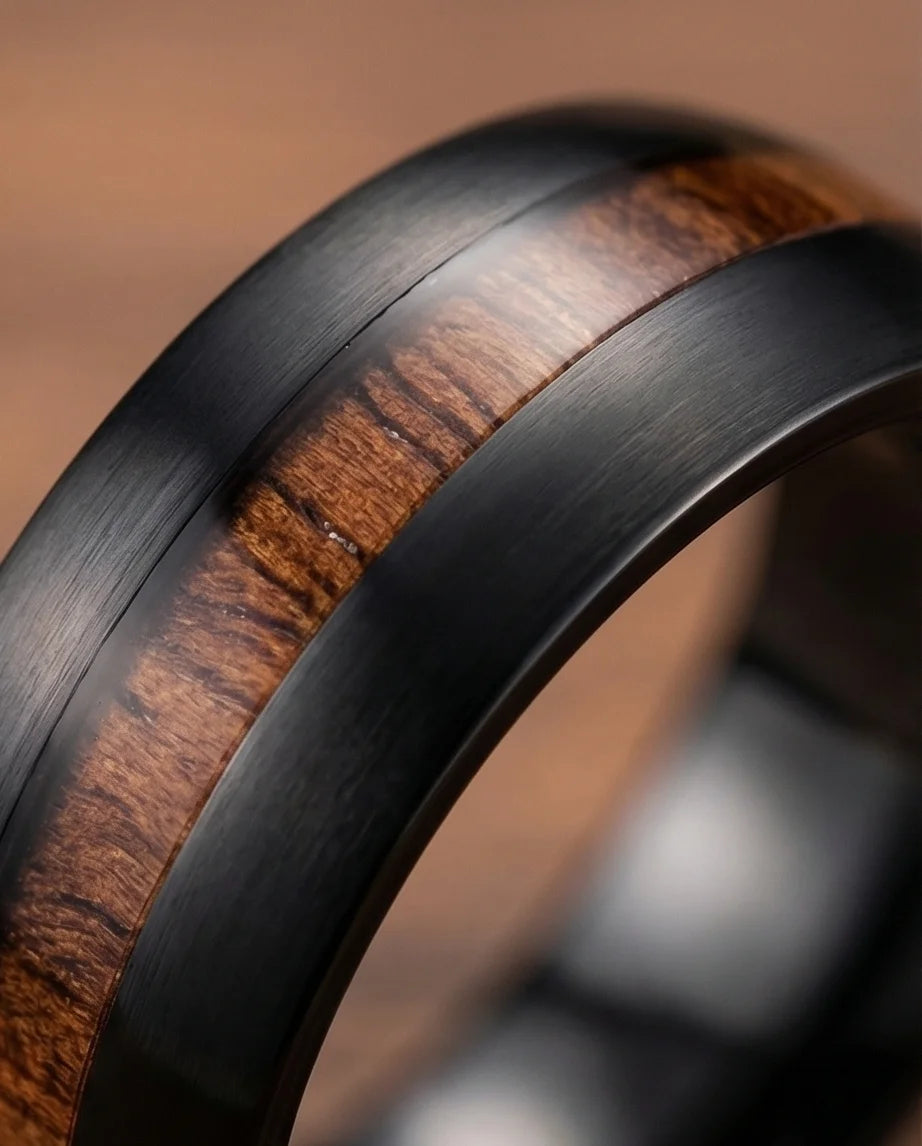Urban Timber: Brushed Obsidian Wood-Inlay Ring