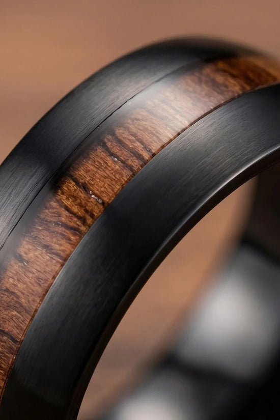 Urban Timber: Brushed Obsidian Wood-Inlay Ring