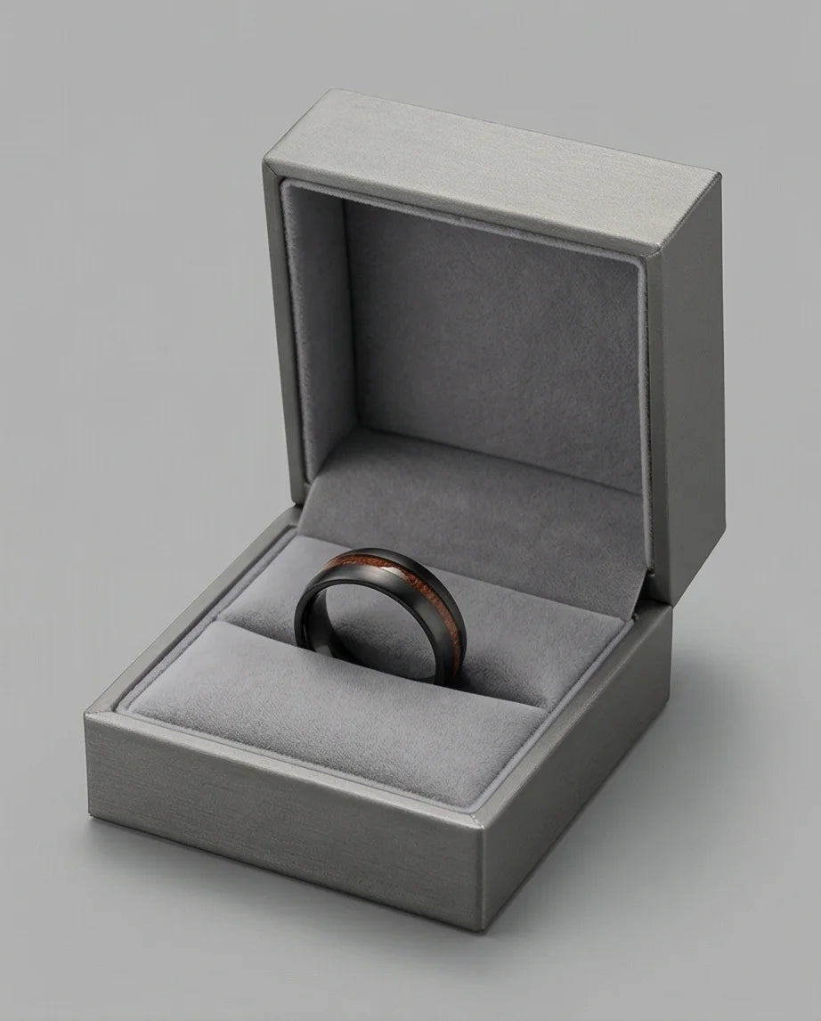 Urban Timber: Brushed Obsidian Wood-Inlay Ring