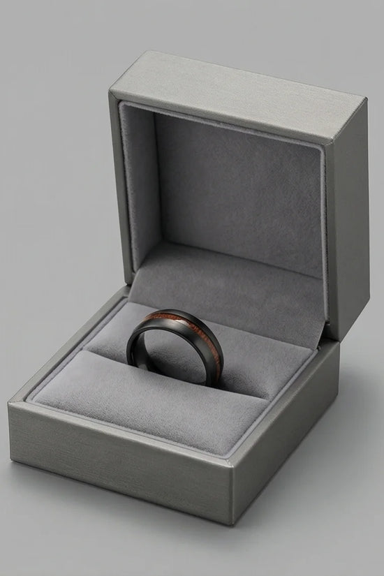 Urban Timber: Brushed Obsidian Wood-Inlay Ring