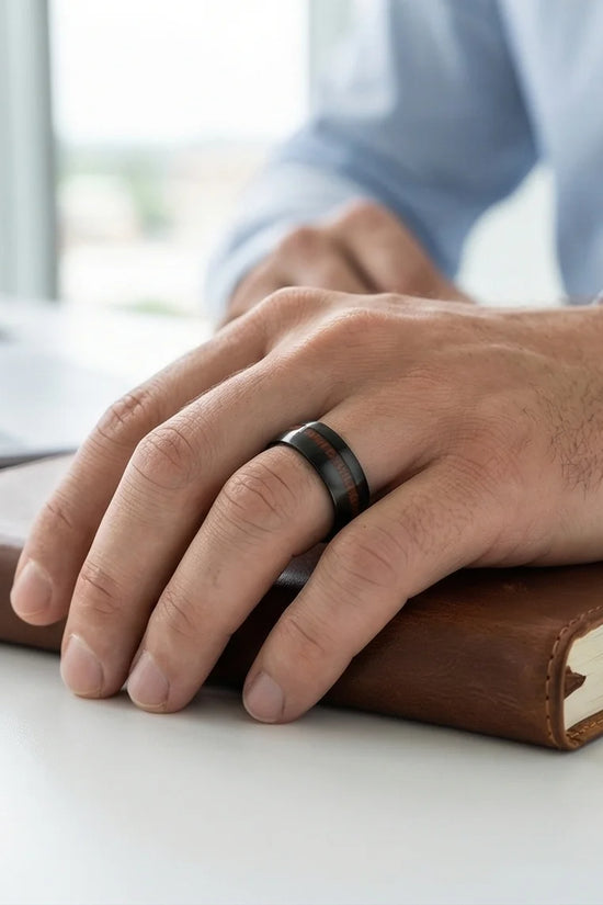 Urban Timber: Brushed Obsidian Wood-Inlay Ring