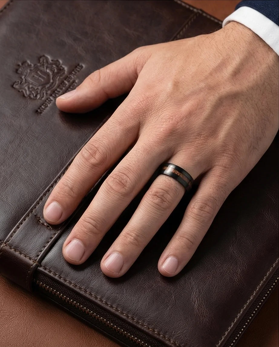 Urban Timber: Brushed Obsidian Wood-Inlay Ring