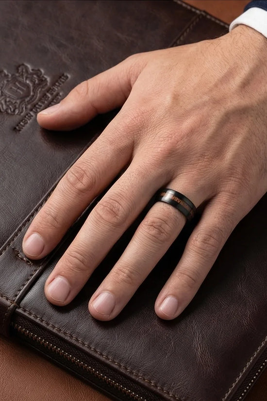 Urban Timber: Brushed Obsidian Wood-Inlay Ring