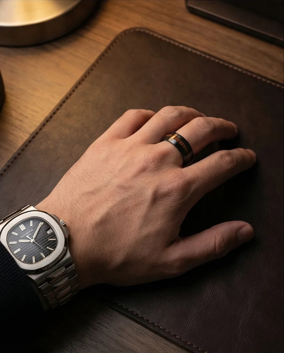 Urban Timber: Brushed Obsidian Wood-Inlay Ring