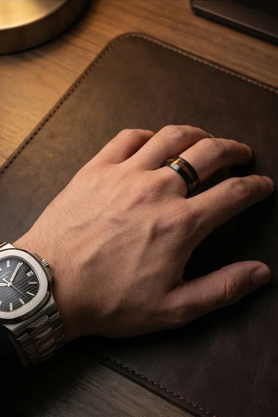Urban Timber: Brushed Obsidian Wood-Inlay Ring