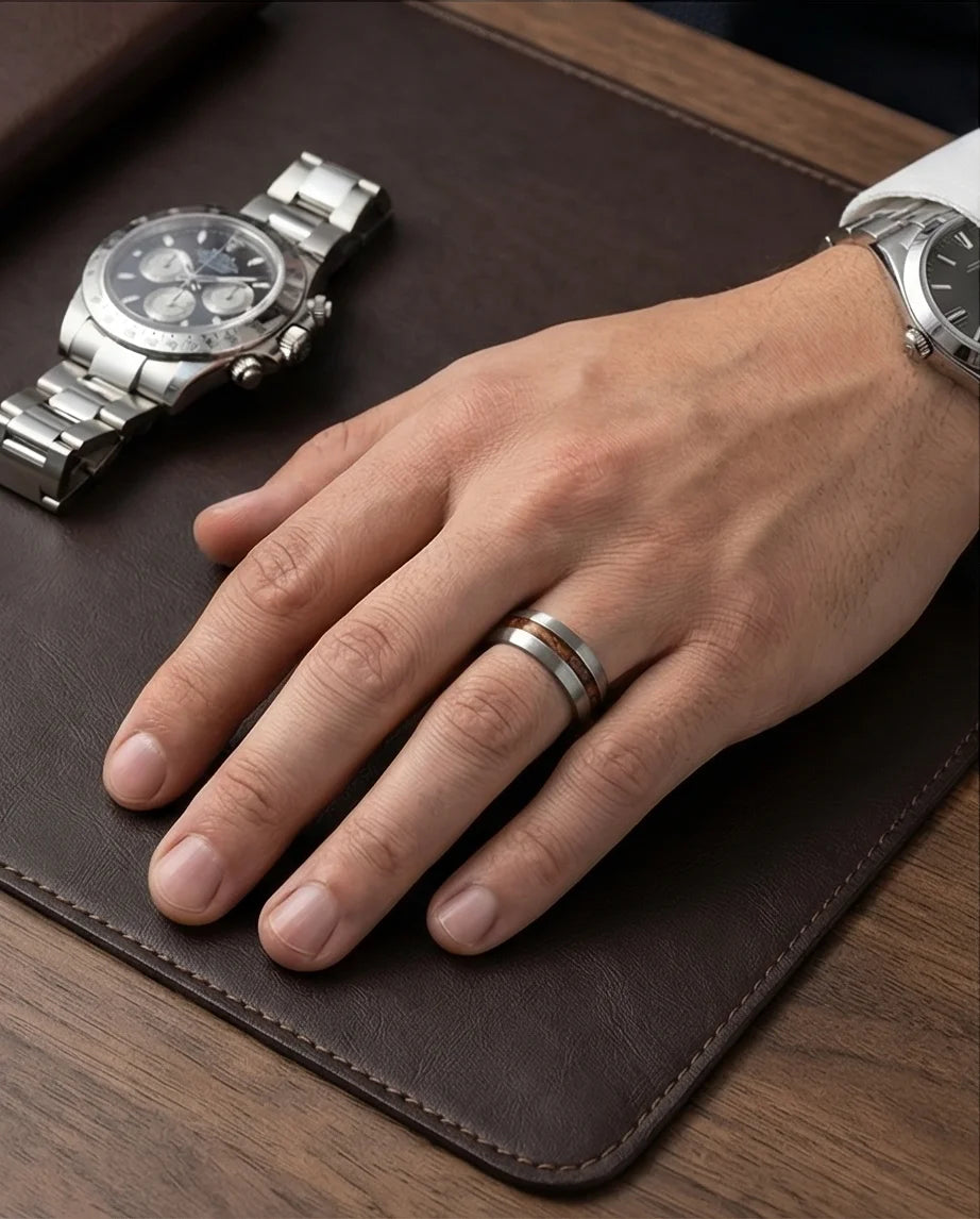 Modern Timber: Matte Silver & Walnut Wood Band