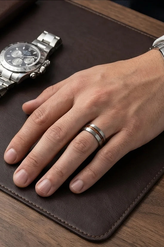 Modern Timber: Matte Silver & Walnut Wood Band