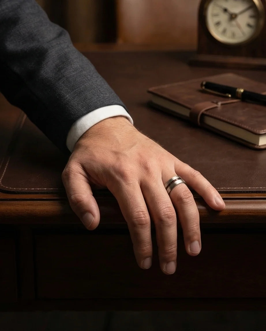 Modern Timber: Matte Silver & Walnut Wood Band