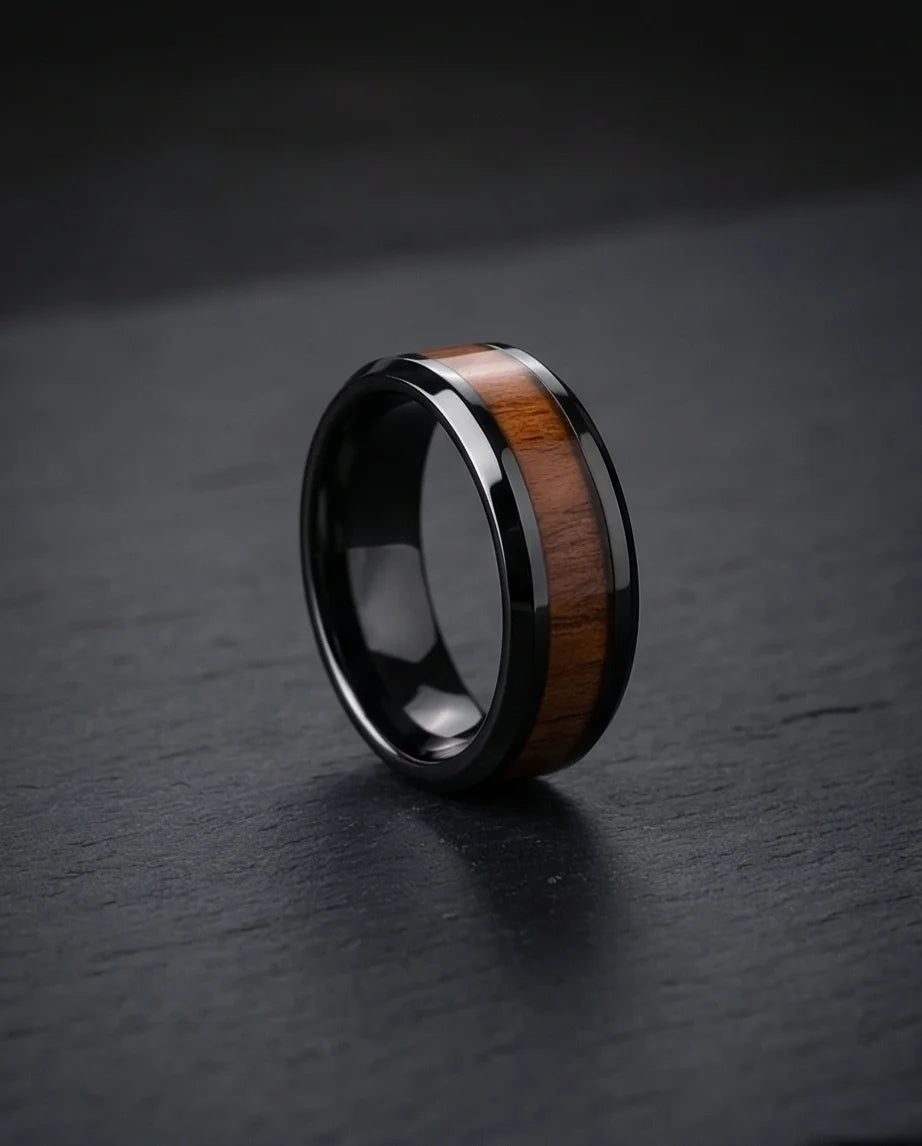 Obsidian Forest: Handcrafted Wood Inlay Black Ring