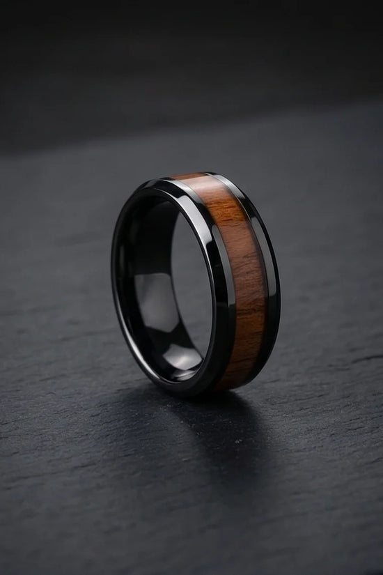 Obsidian Forest: Handcrafted Wood Inlay Black Ring