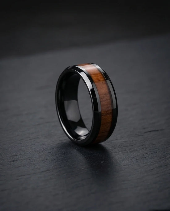 Obsidian Forest: Handcrafted Wood Inlay Black Ring