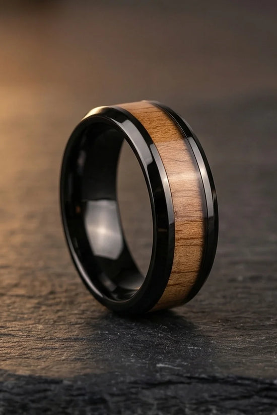 Obsidian Forest: Handcrafted Wood Inlay Black Ring