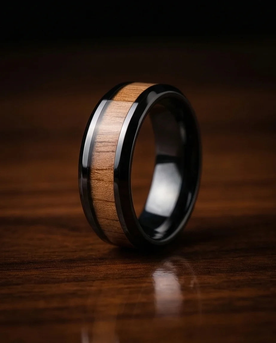 Obsidian Forest: Handcrafted Wood Inlay Black Ring