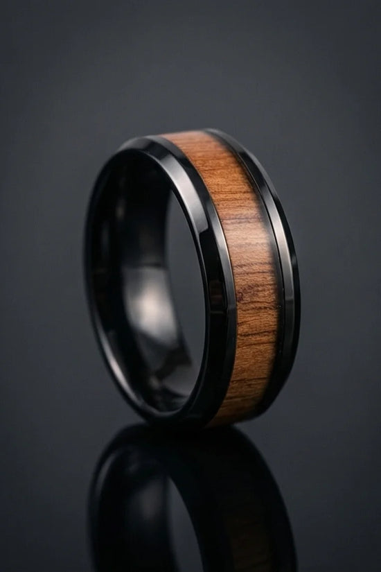Obsidian Forest: Handcrafted Wood Inlay Black Ring