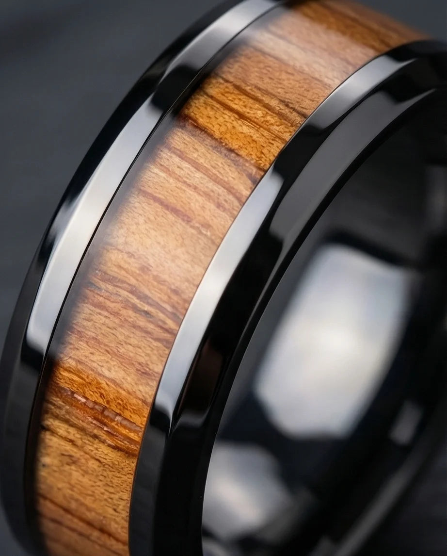 Obsidian Forest: Handcrafted Wood Inlay Black Ring