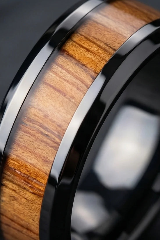 Obsidian Forest: Handcrafted Wood Inlay Black Ring