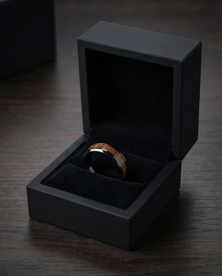 Obsidian Forest: Handcrafted Wood Inlay Black Ring