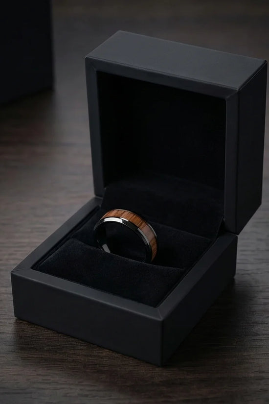 Obsidian Forest: Handcrafted Wood Inlay Black Ring