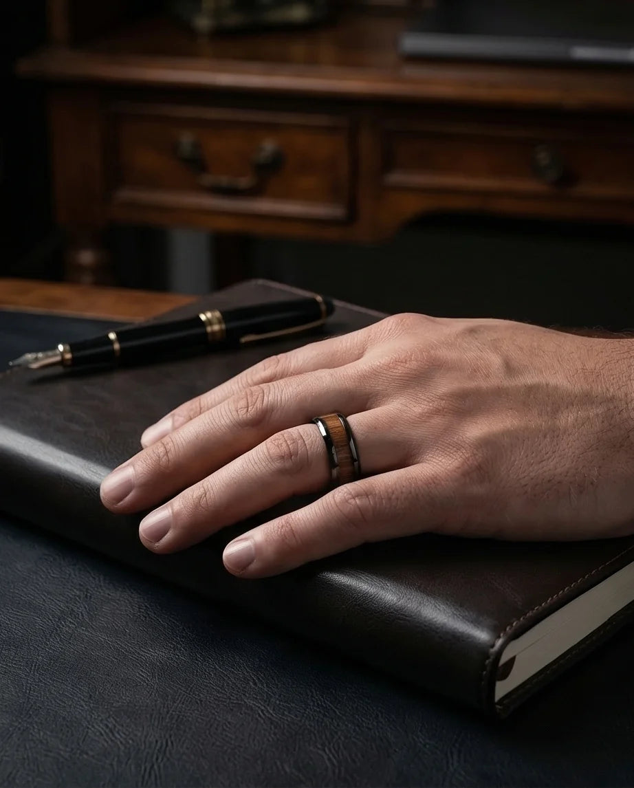 Obsidian Forest: Handcrafted Wood Inlay Black Ring