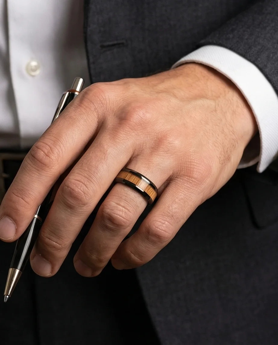 Obsidian Forest: Handcrafted Wood Inlay Black Ring