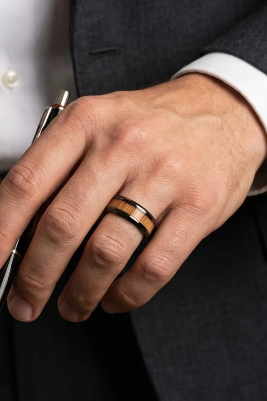 Obsidian Forest: Handcrafted Wood Inlay Black Ring