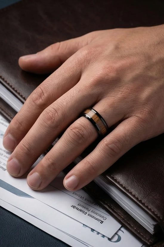 Obsidian Forest: Handcrafted Wood Inlay Black Ring