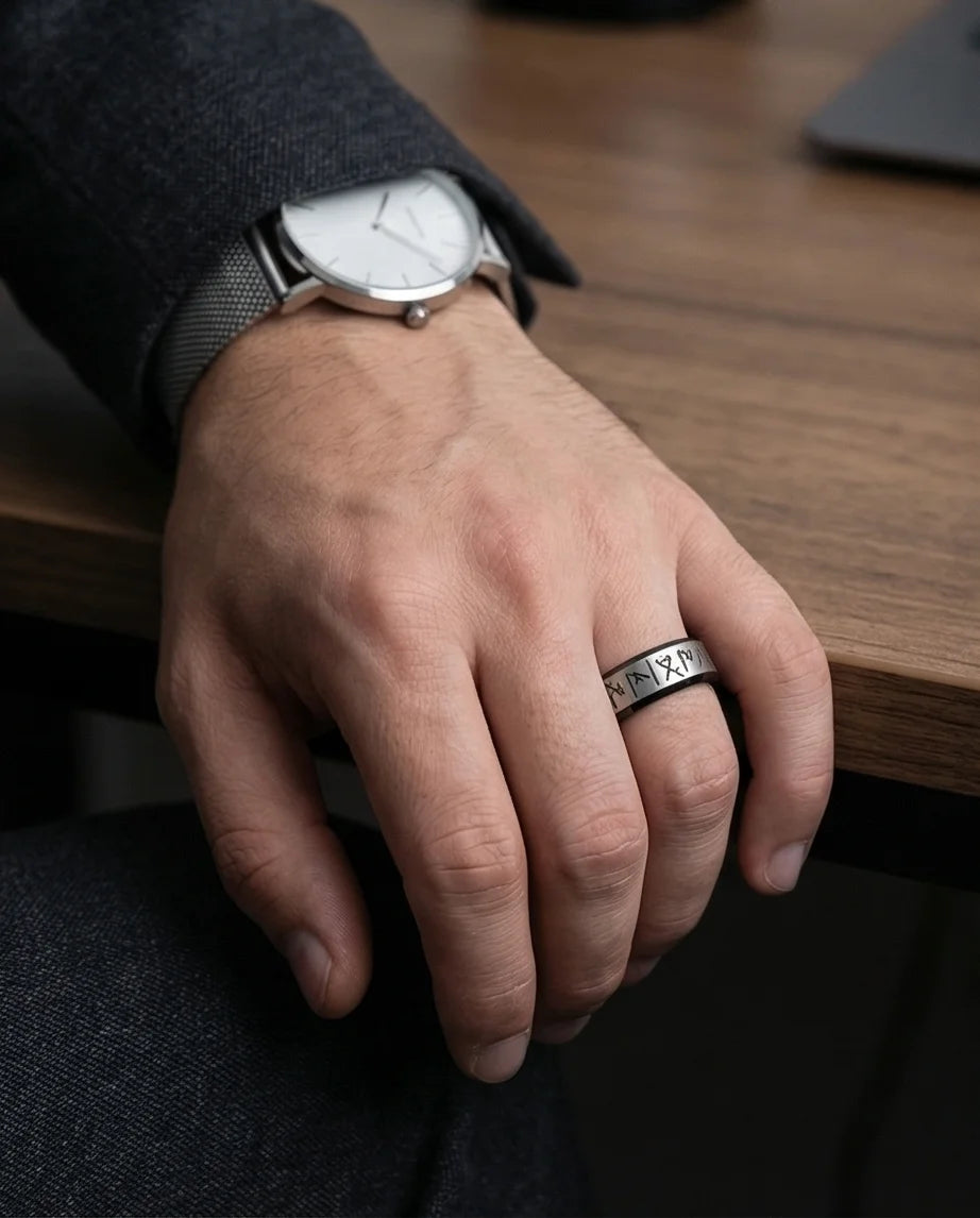 The Golden Futhark Band with Silver Beveled Edge