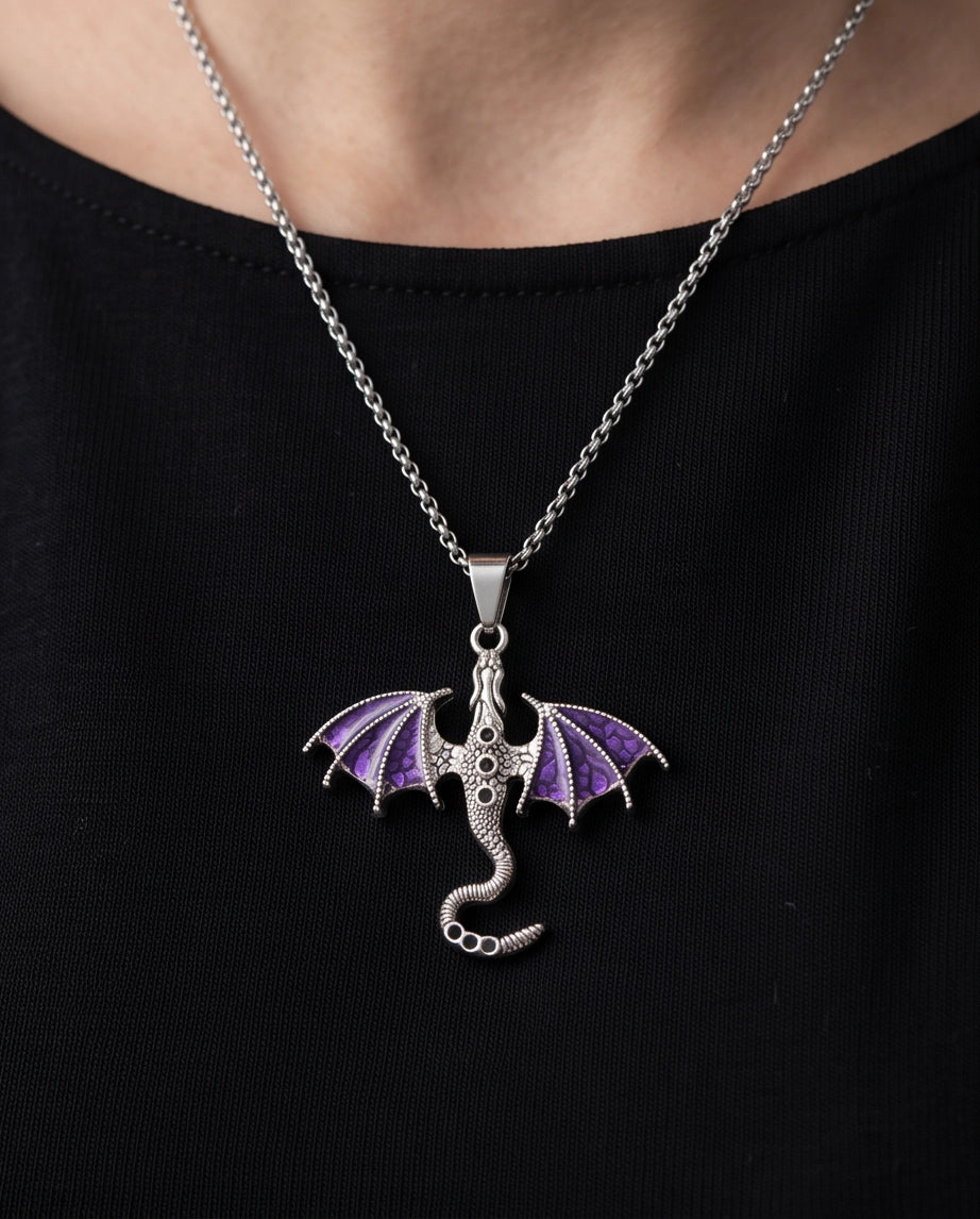 Silver Purple Enamel Dragon Wyvern Pendant Necklace