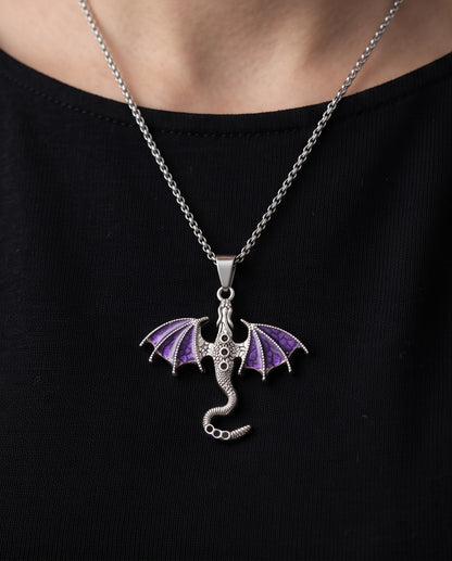Silver Purple Enamel Dragon Wyvern Pendant Necklace