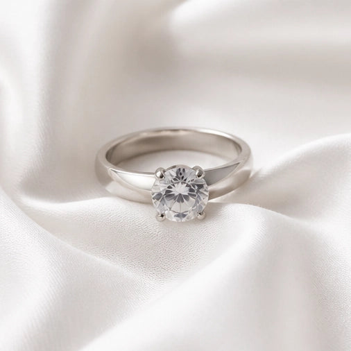 Silver Round Gemstone Classic Solitaire Ring