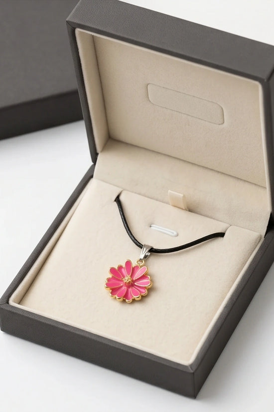 Pink Enamel Sunflower Pendant Necklace