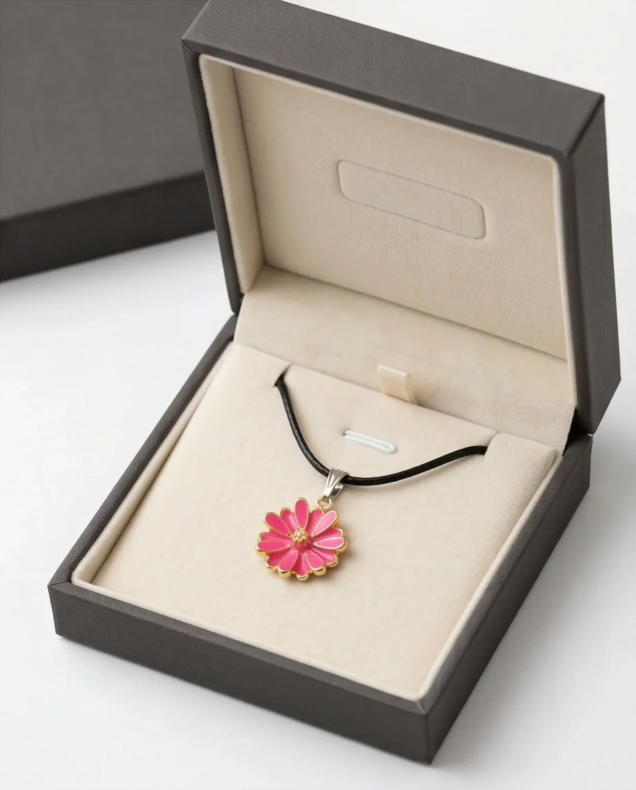 Pink Enamel Sunflower Pendant Necklace