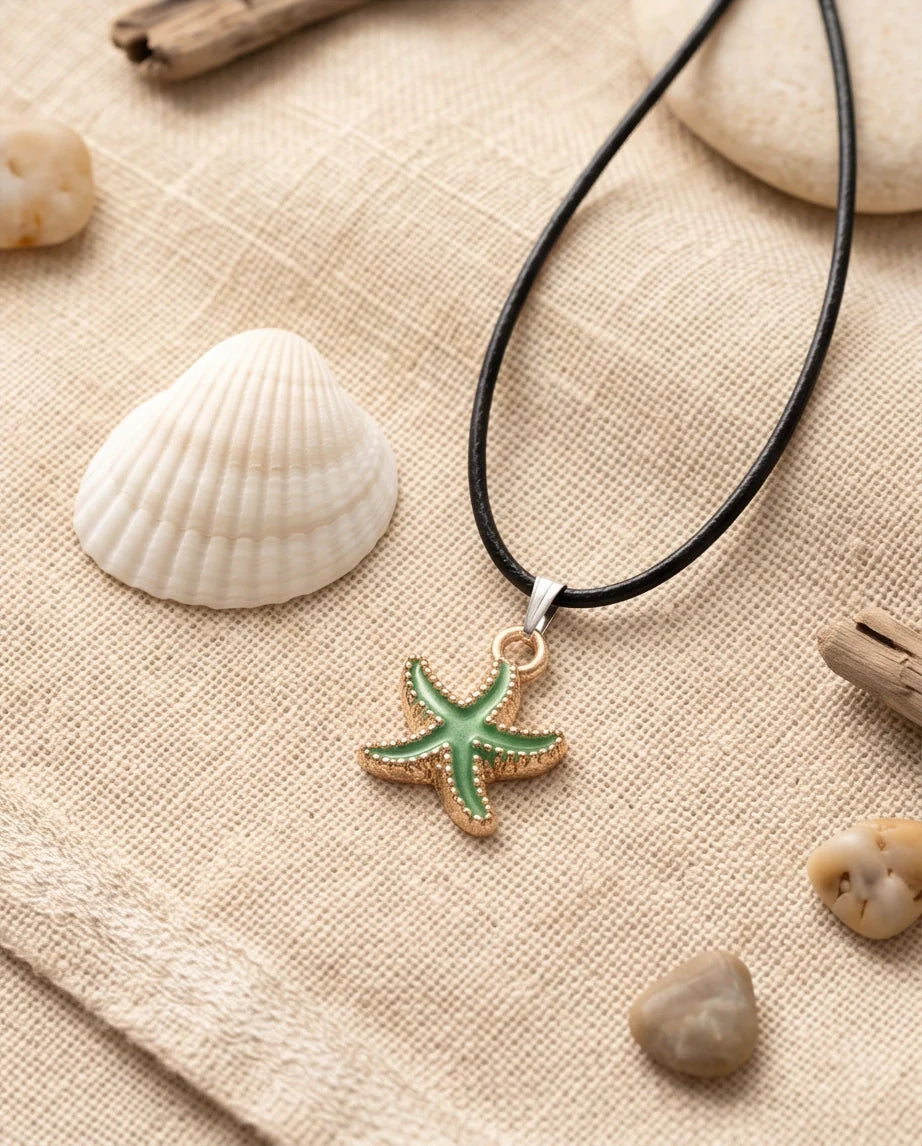Gold and Textured Green Starfish Necklace