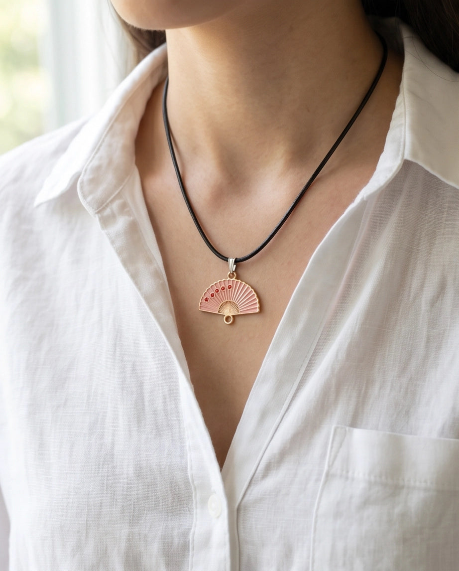 Pink Sakura Fan Pendant Necklace