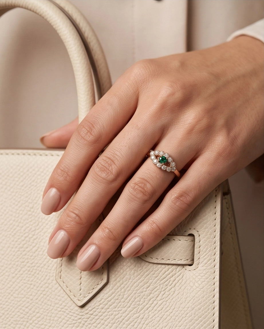 Emerald & Crystal Scalloped Halo Ring